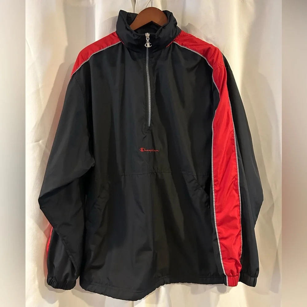 Vtg Rare Champion Windbreaker Quarter Zip Jacket Hooded Reflective Red Black Lg